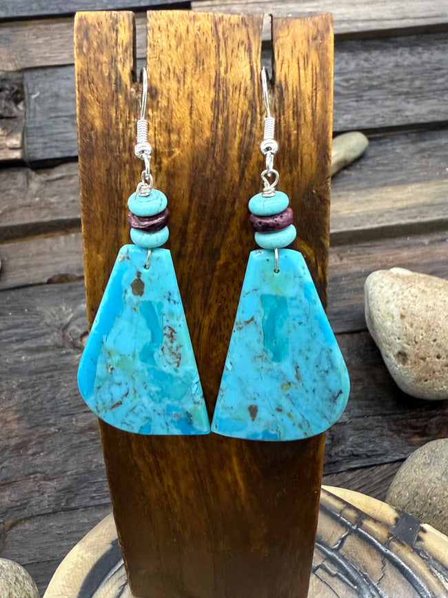 Turquoise Slab Hook Dangle Earrings with Purple Spiny Oyster 2 3/4Inch