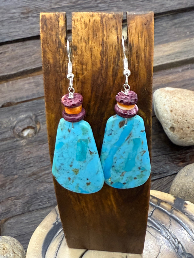 Turquoise Rounded Slab Hook Dangle Earrings with Orange and Purple Spiny Oyster 2 3/4Inch
