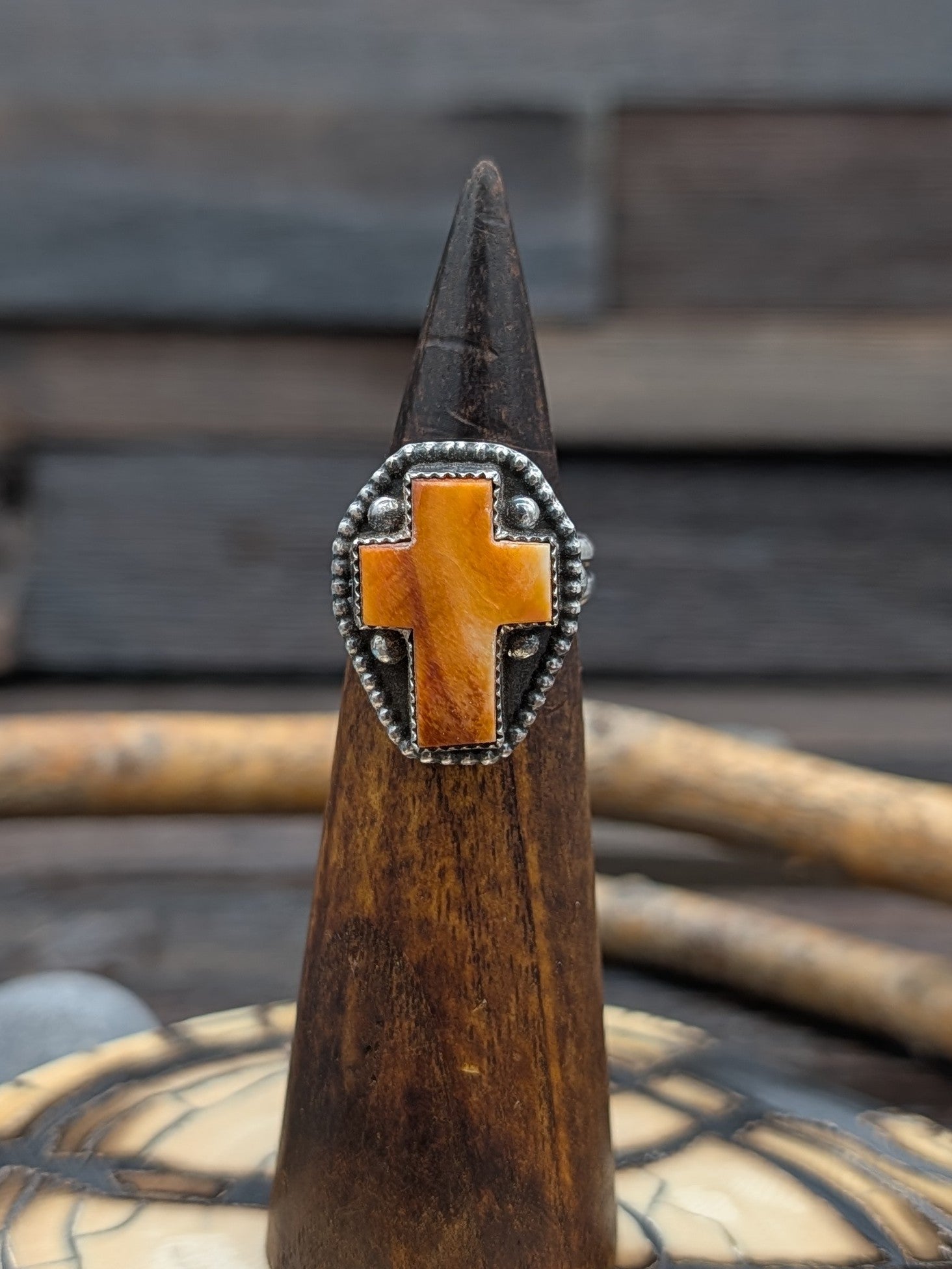 Orange Spiny Oyster Cross Ring by L. Archuleta Size 9