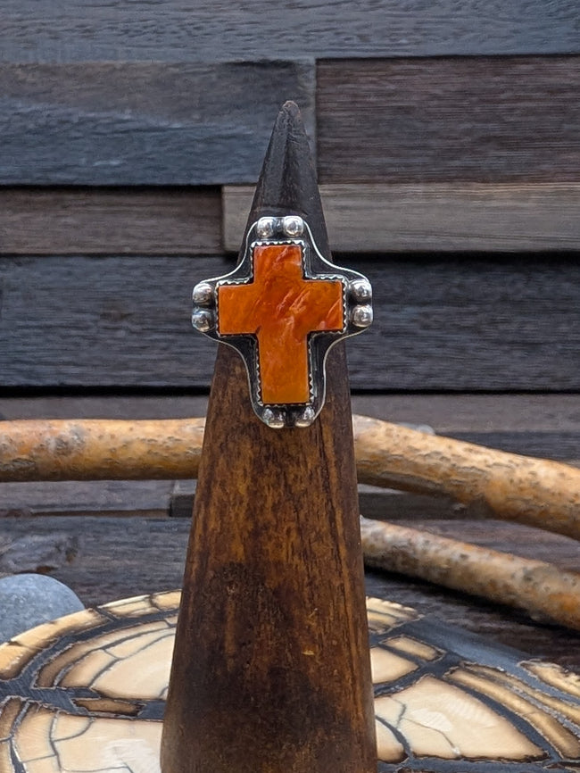 Orange Spiny Oyster Cross Ring by L. Archuleta Size 6.5