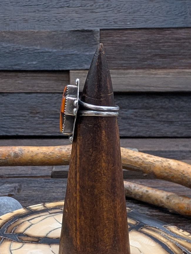 Orange Spiny Oyster Cross Ring by L. Archuleta Size 6.5