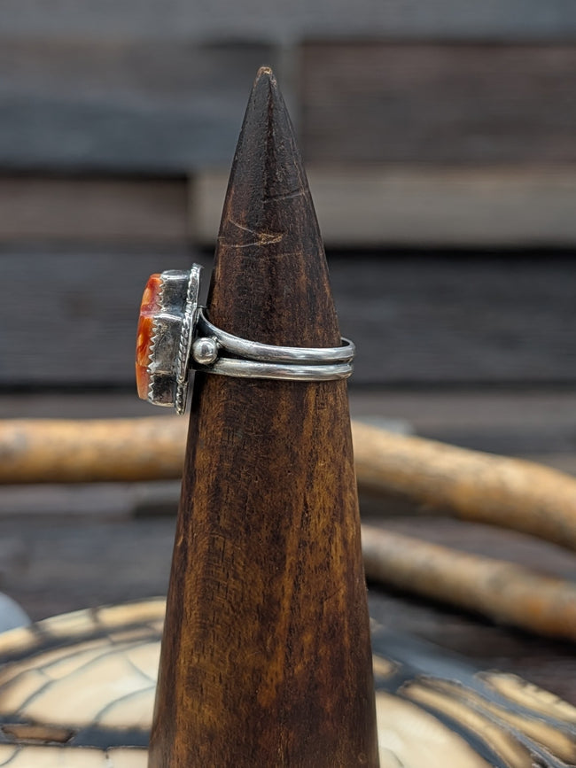 Orange Spiny Oyster 4 Direction Cross Ring by L. Archuleta Size 9