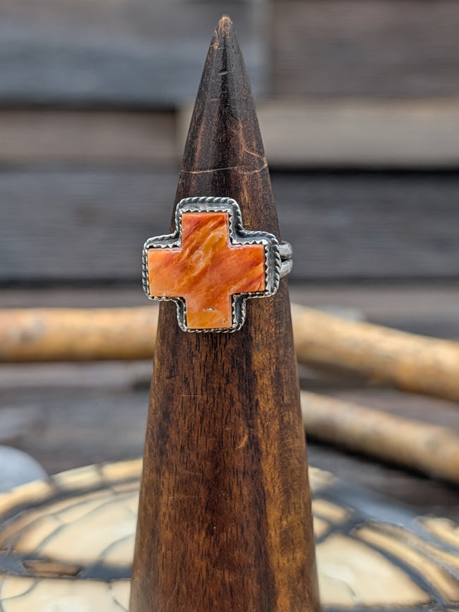 Orange Spiny Oyster 4 Direction Cross Ring by L. Archuleta Size 9