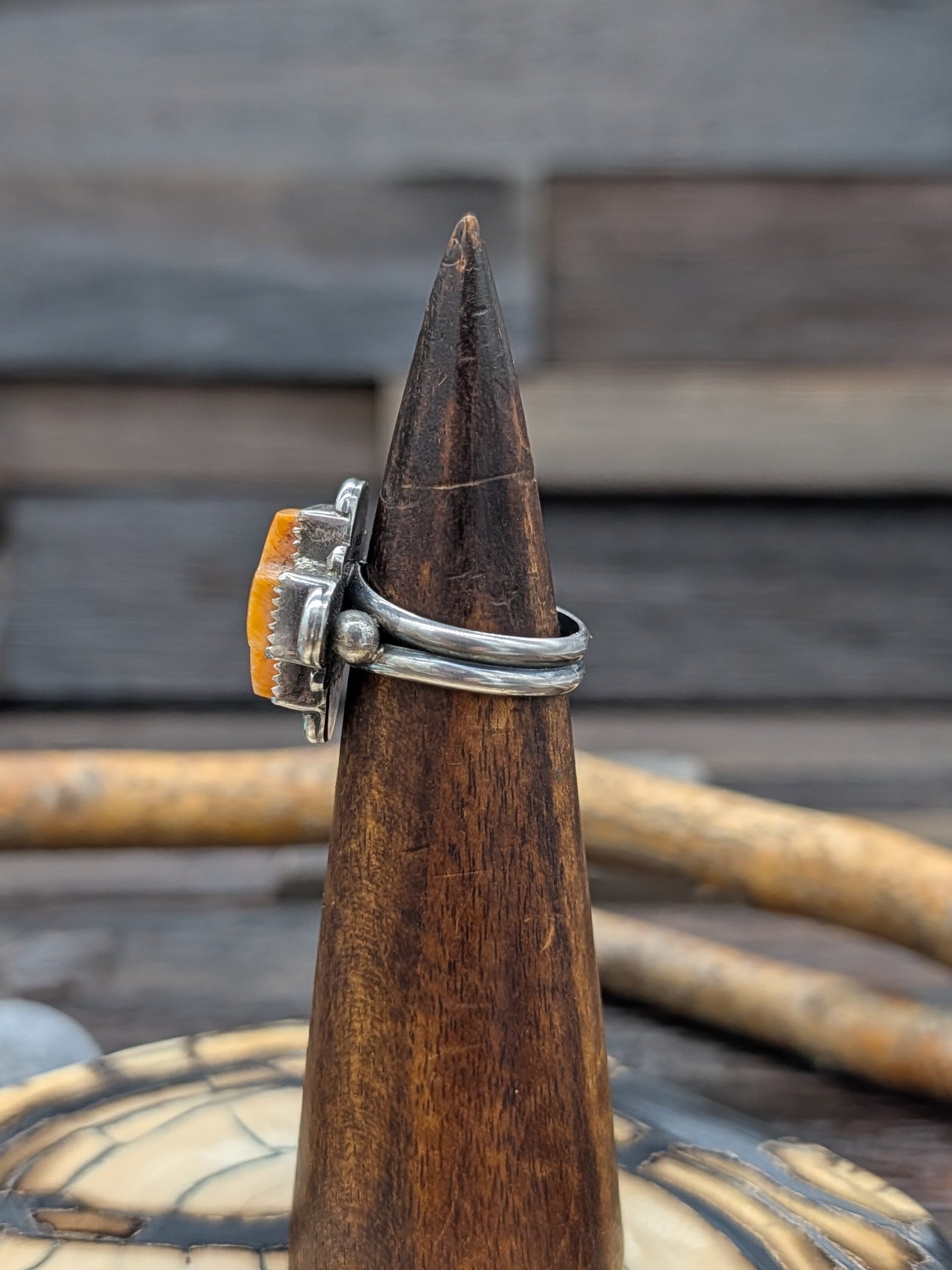 Orange Spiny Oyster 4 Direction Cross Ring by L. Archuleta Size 8.75