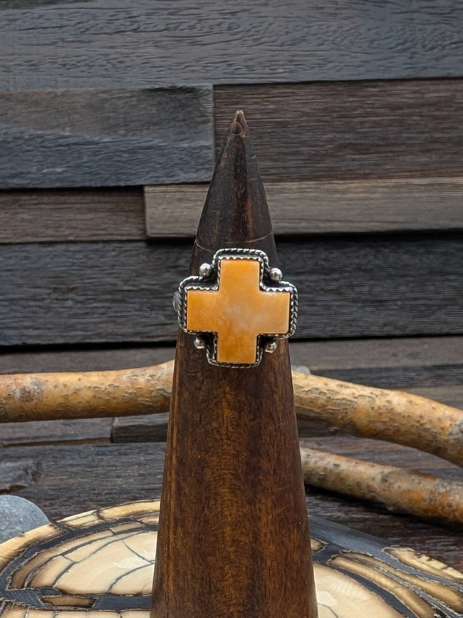 Orange Spiny Oyster 4 Direction Cross Ring by L. Archuleta Size 8.25