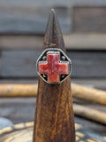 Sterling Silver Red Spiny Oyster Santa Fe Cross Ring by L. Archuleta - Size 7 1/2
