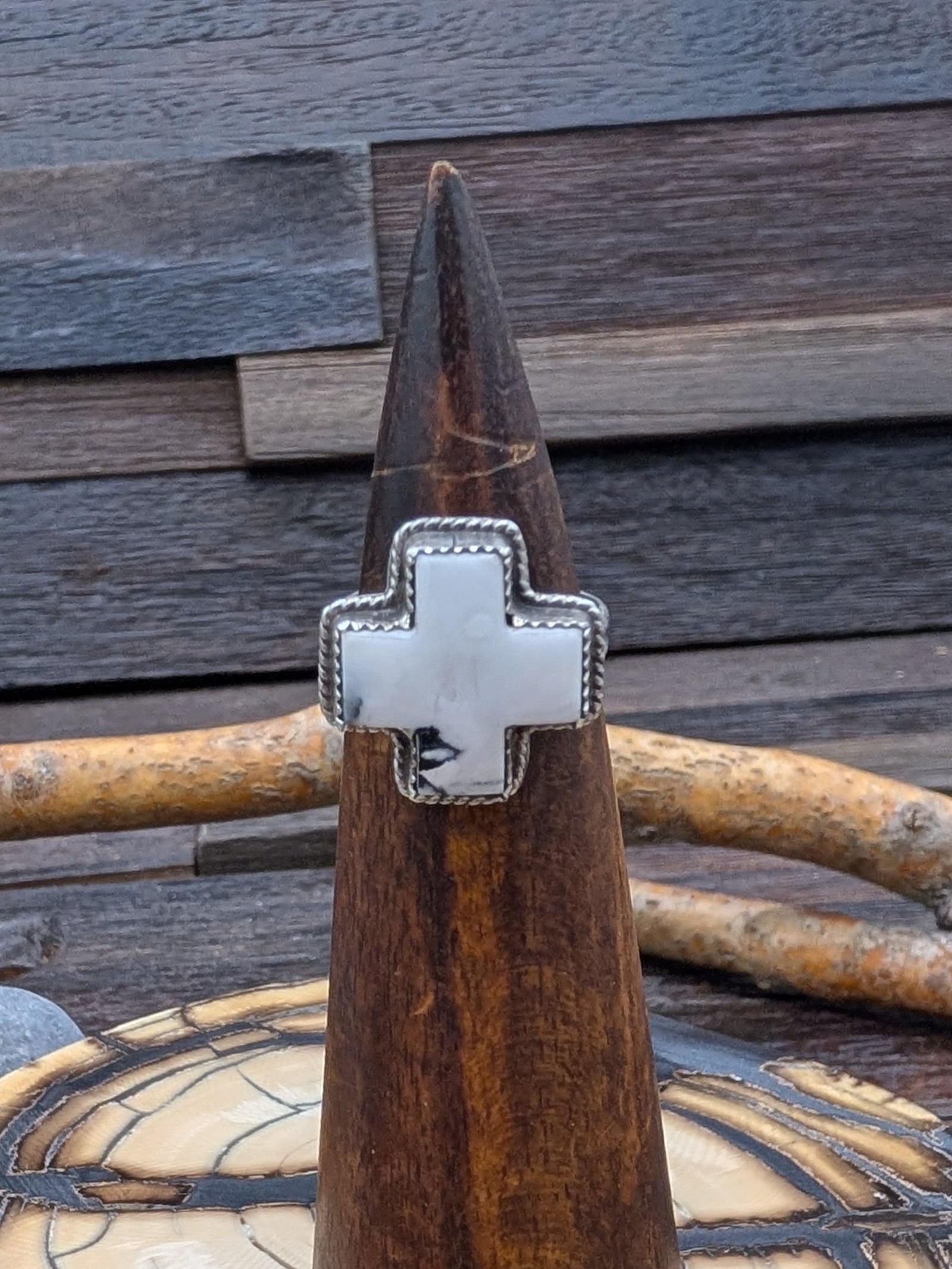 White Buffalo Santa Fe Cross Ring by L. Archuleta Size 8.5