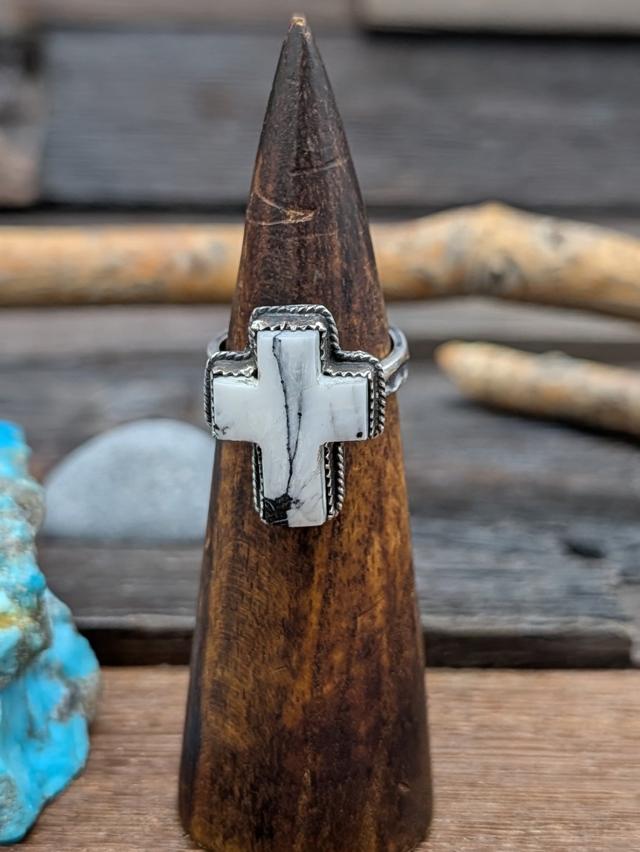 White Buffalo Cross Ring by L. Archuleta Size 9.5