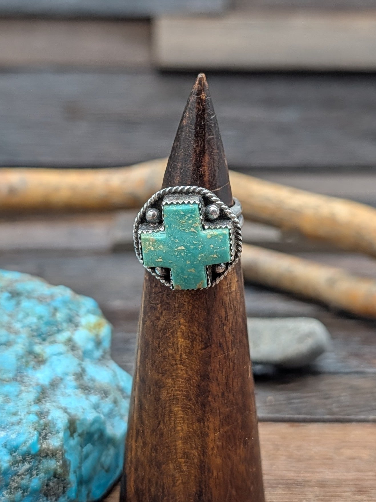 Royston Turquoise Santa Fe Cross Ring by L. Archuleta Size 6.75