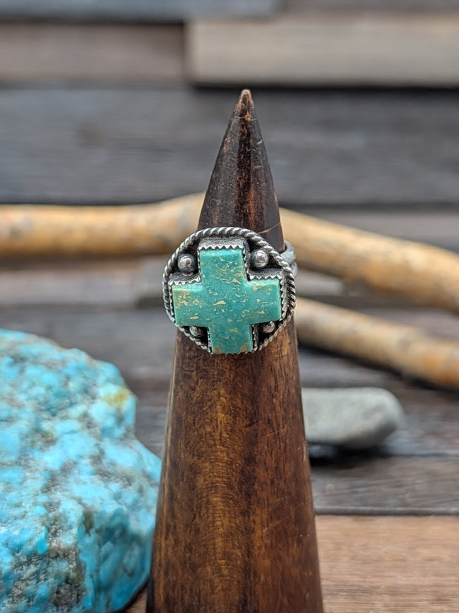 Royston Turquoise Santa Fe Cross Ring by L. Archuleta Size 6.75