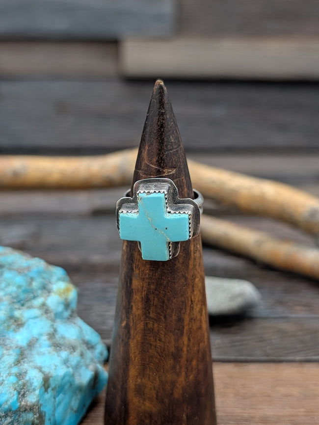 Kingman Turquoise Santa Fe Cross Ring by L. Archuleta Size 7.25