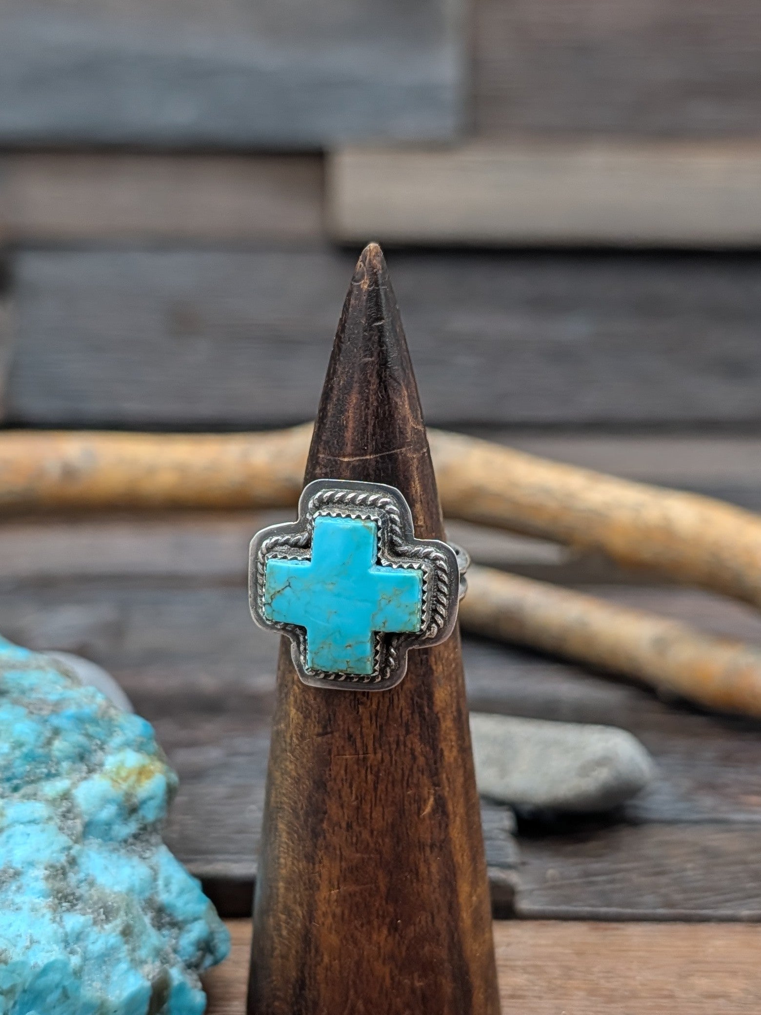 Kingman Turquoise Santa Fe Cross Ring by L. Archuleta Size 9.25