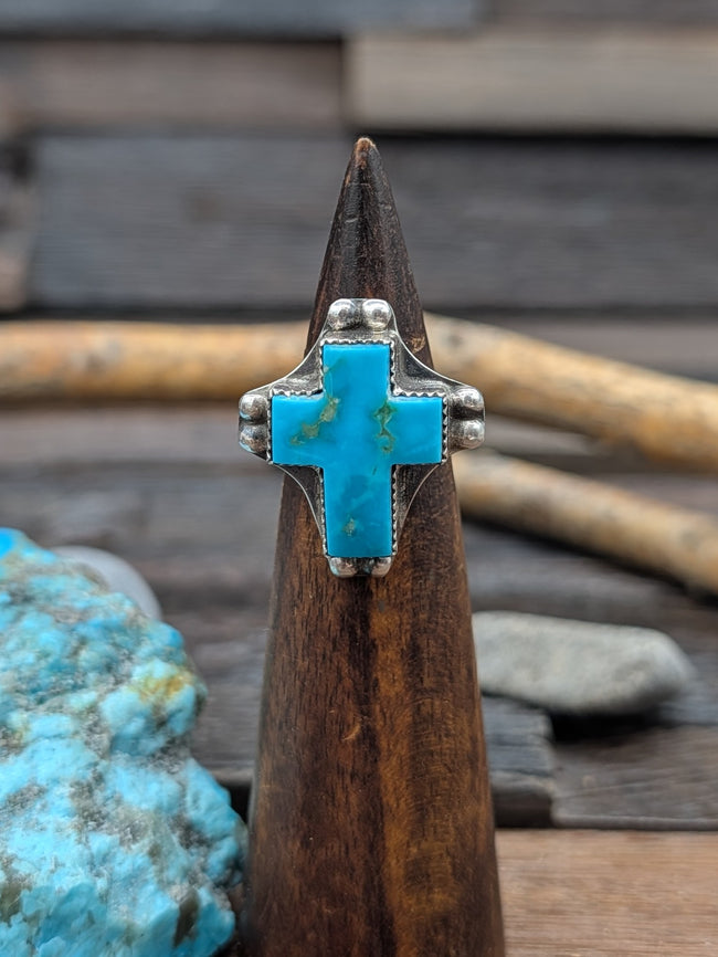 Kingman Turquoise Cross Ring by L. Archuleta Size 7