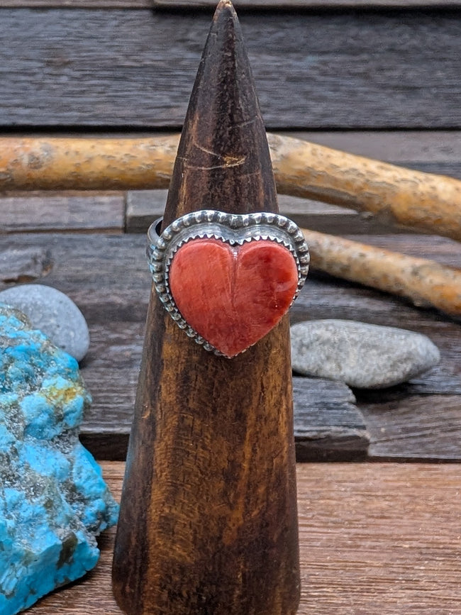 Red Spiny Oyster Shell Heart Ring Size 9 by L. Archuleta