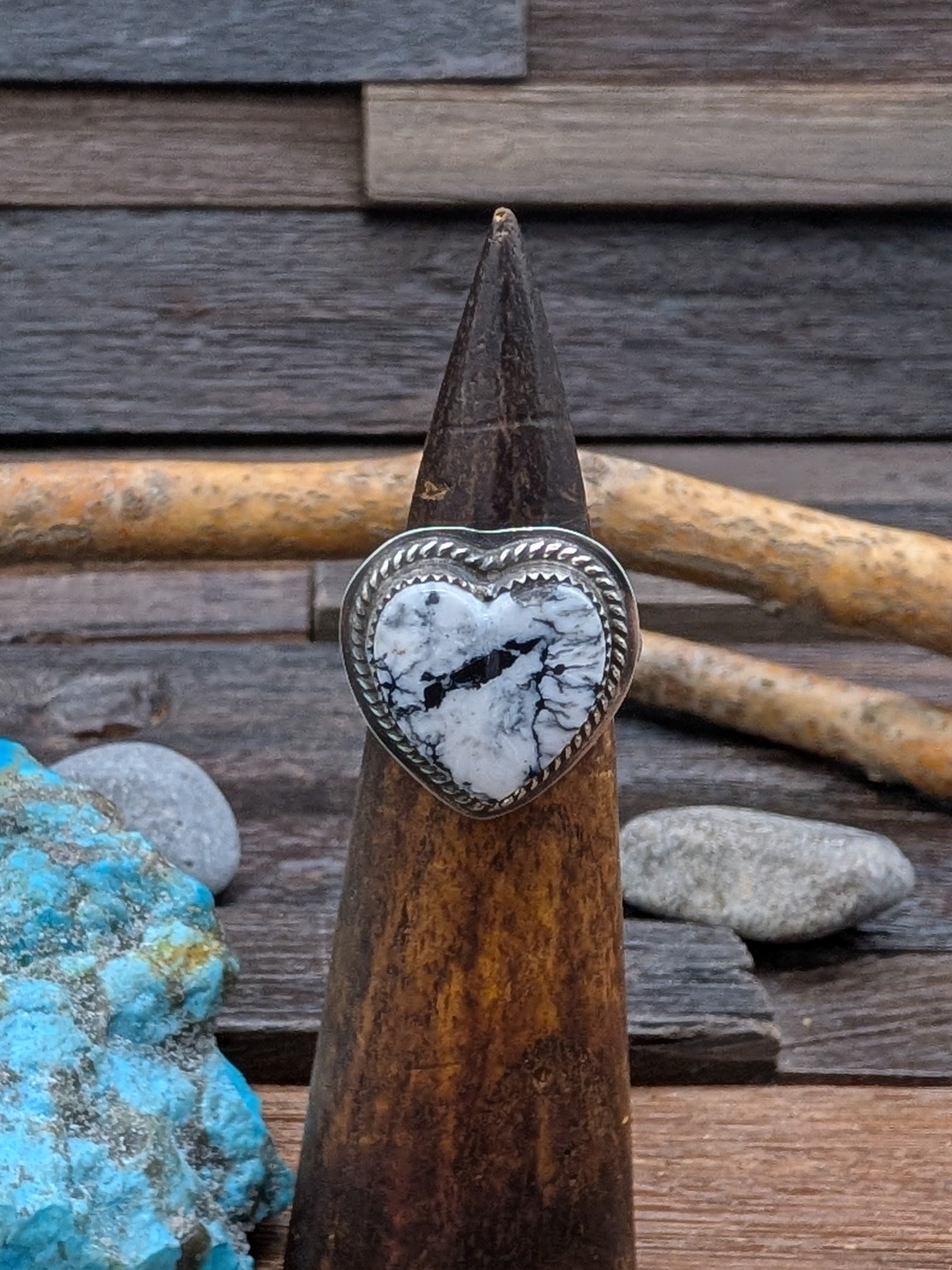 White Buffalo Turquoise Heart Ring Size 8 by L. Archuleta