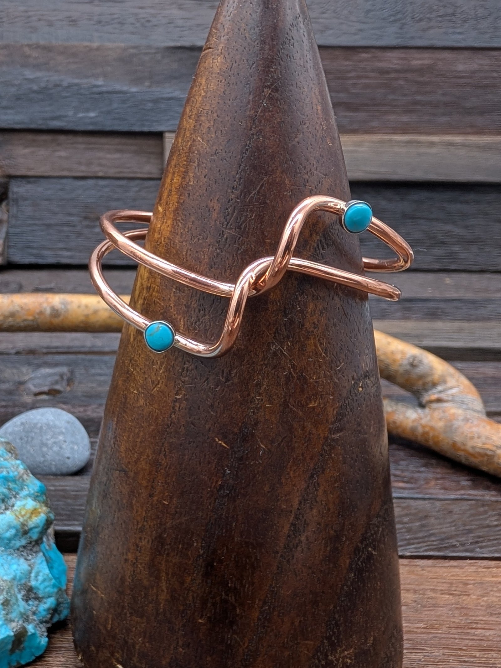 Double Wire Twist Copper Bracelet Cuff w/Turquoise by Yolanda Skeets 6in