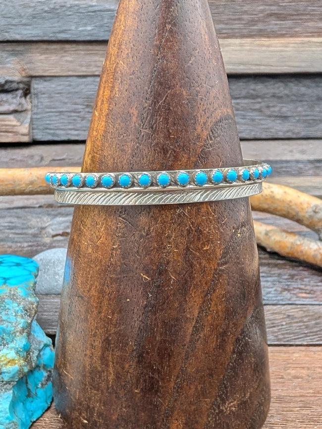 Sterling Silver Feather Bracelet w/ Sleeping Beauty Turquoise Stones by Aaron Davis 6 1/2in w/gap