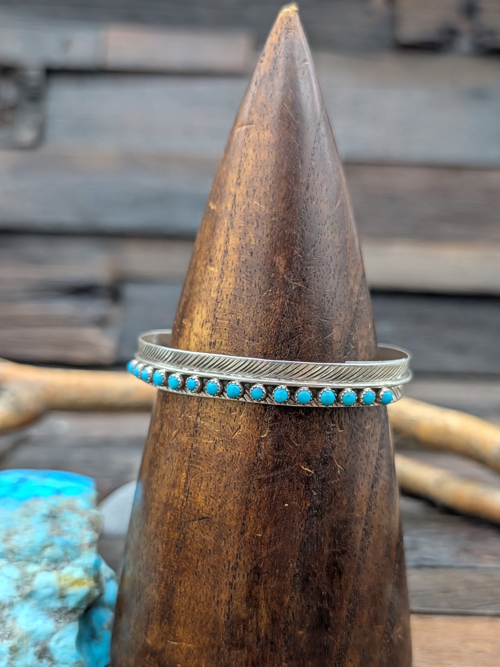 Sterling Silver Feather Bracelet w/Turquoise Stones by Aaron Davis 6 1/2in w/gap