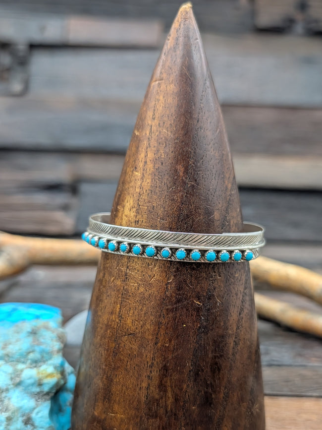 Sterling Silver Feather Bracelet w/Turquoise Stones by Aaron Davis 6 1/2in w/gap