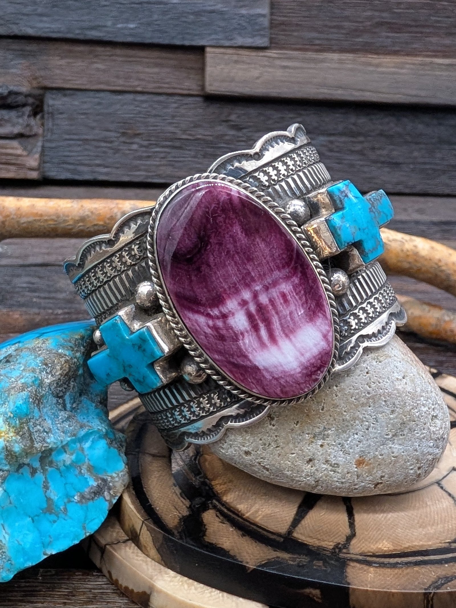 Sterling Silver Stamped Cuff Bracelet with Purple Spiny Oyster and Kingman Turquoise