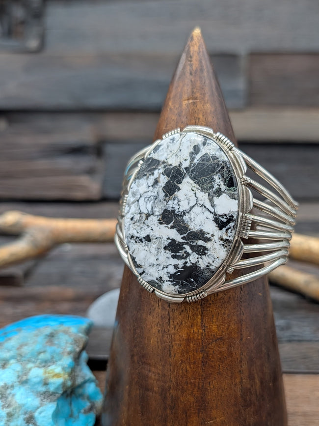 White Buffalo Oval Sterling Silver Cuff Bracelet by Larry Moses Yazzie 6.75in