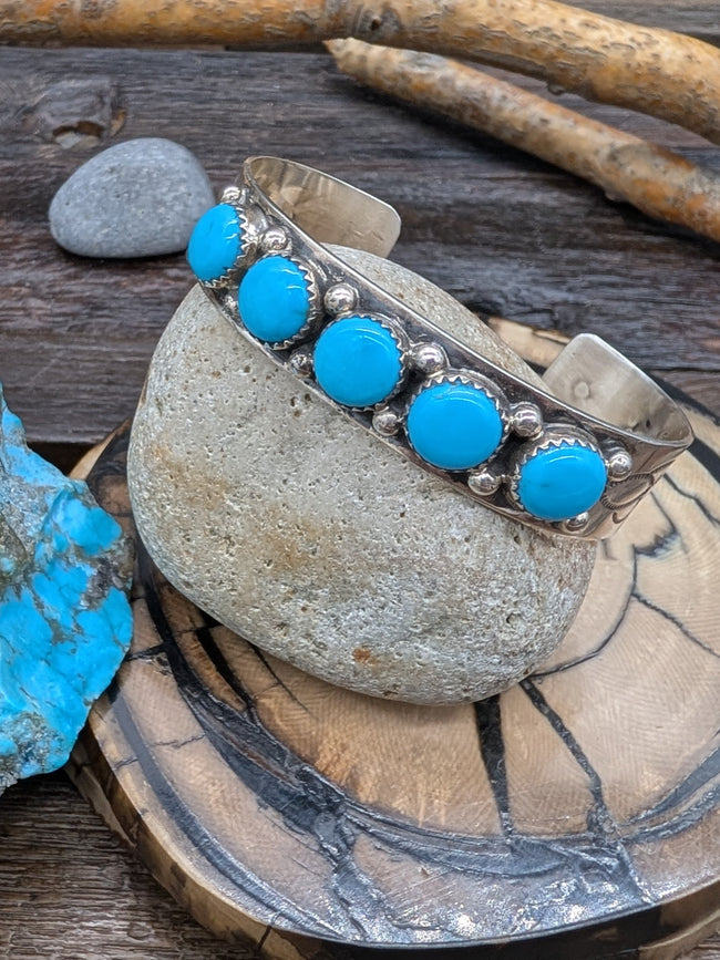 5 Kingman Turquoise Stamped Sterling Silver Bracelet by Joanne Spencer