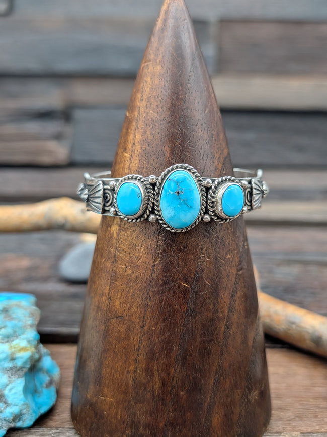 Three Stone Kingman Turquoise Sterling Silver Cuff Bracelet by John Nelson