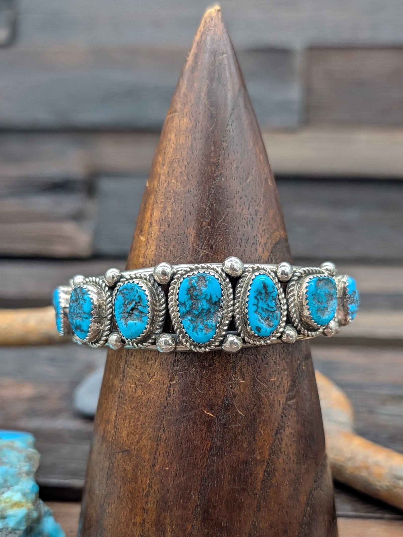 7 Stone Kingman Turquoise Sterling Silver Cuff Bracelet by Leslie Nez