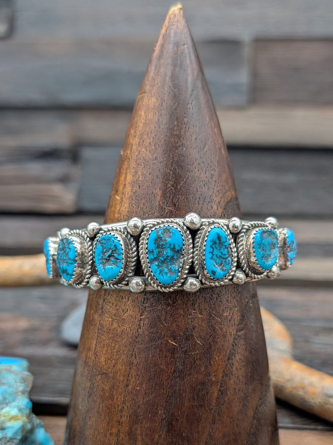 7 Stone Kingman Turquoise Sterling Silver Cuff Bracelet by Leslie Nez