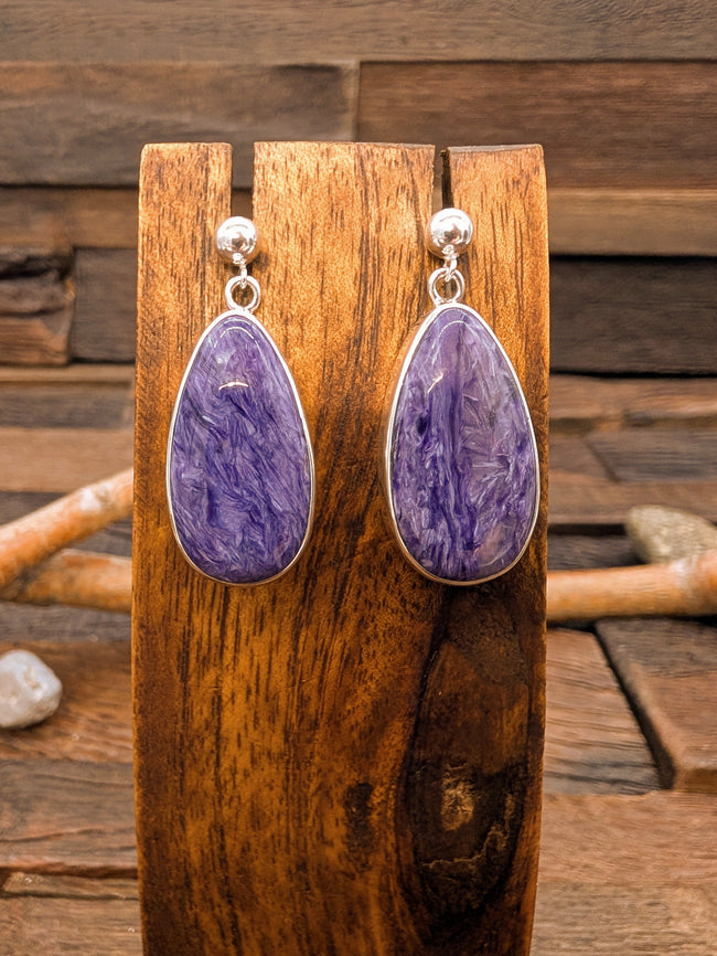Purple Charoite Post Dangle Earrings Teardrop 1 1/2in by Shirley Henry