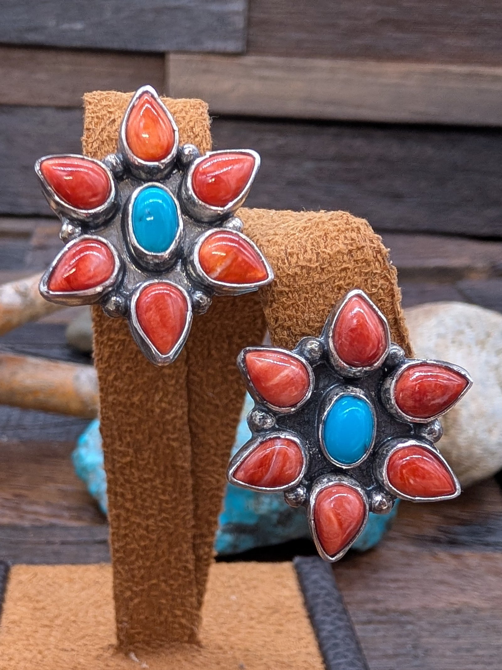 Red Spiny Oyster Kingman Turquoise Sterling Silver Post Earrings by Erma Arviso