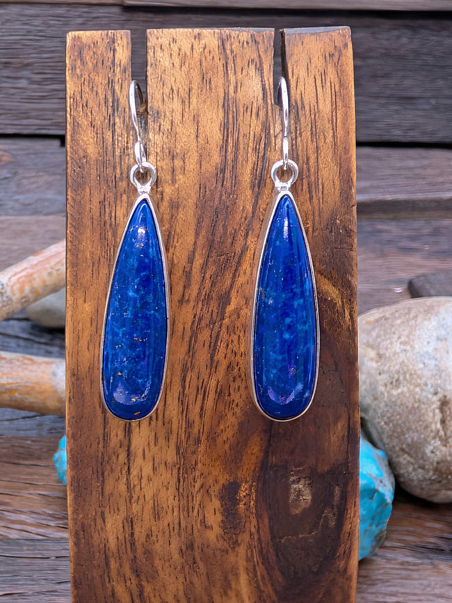 Lapis Lazuli and Sterling Silver Oval Hook Earrings 1 1/2in Dangle