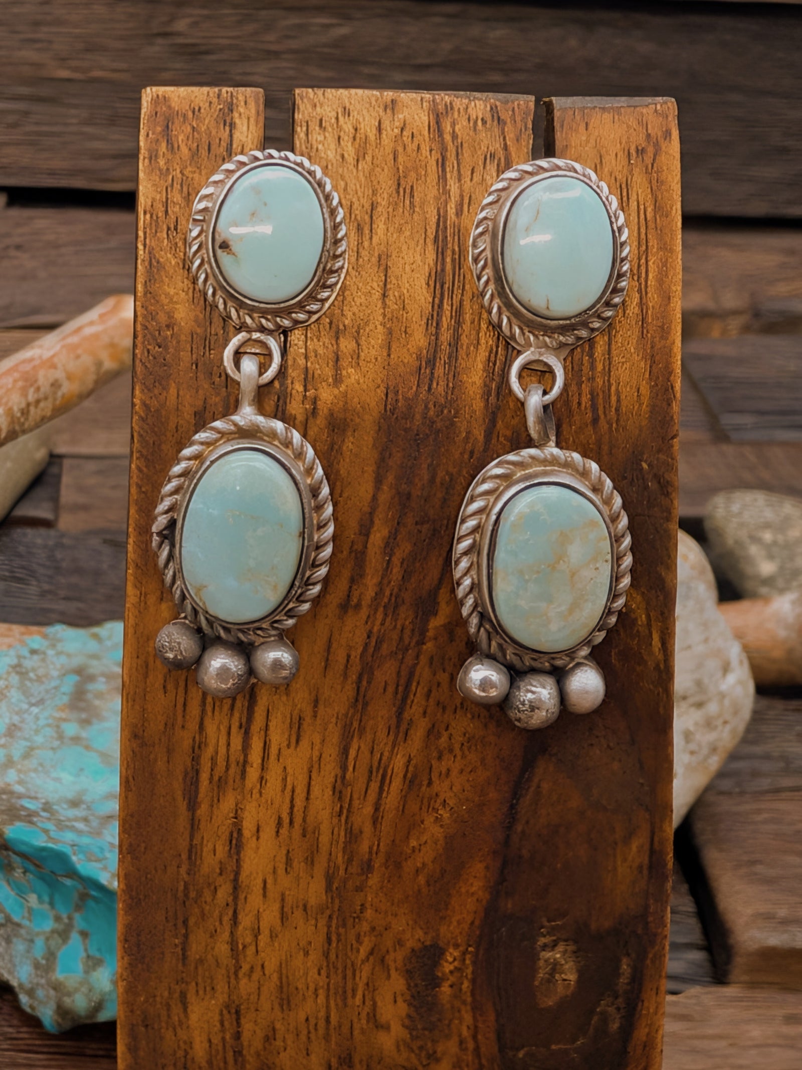 Dry Creek Turquoise Starshot Raindrop Lower Oval Post Dangle Earrings by Rosella Paxton