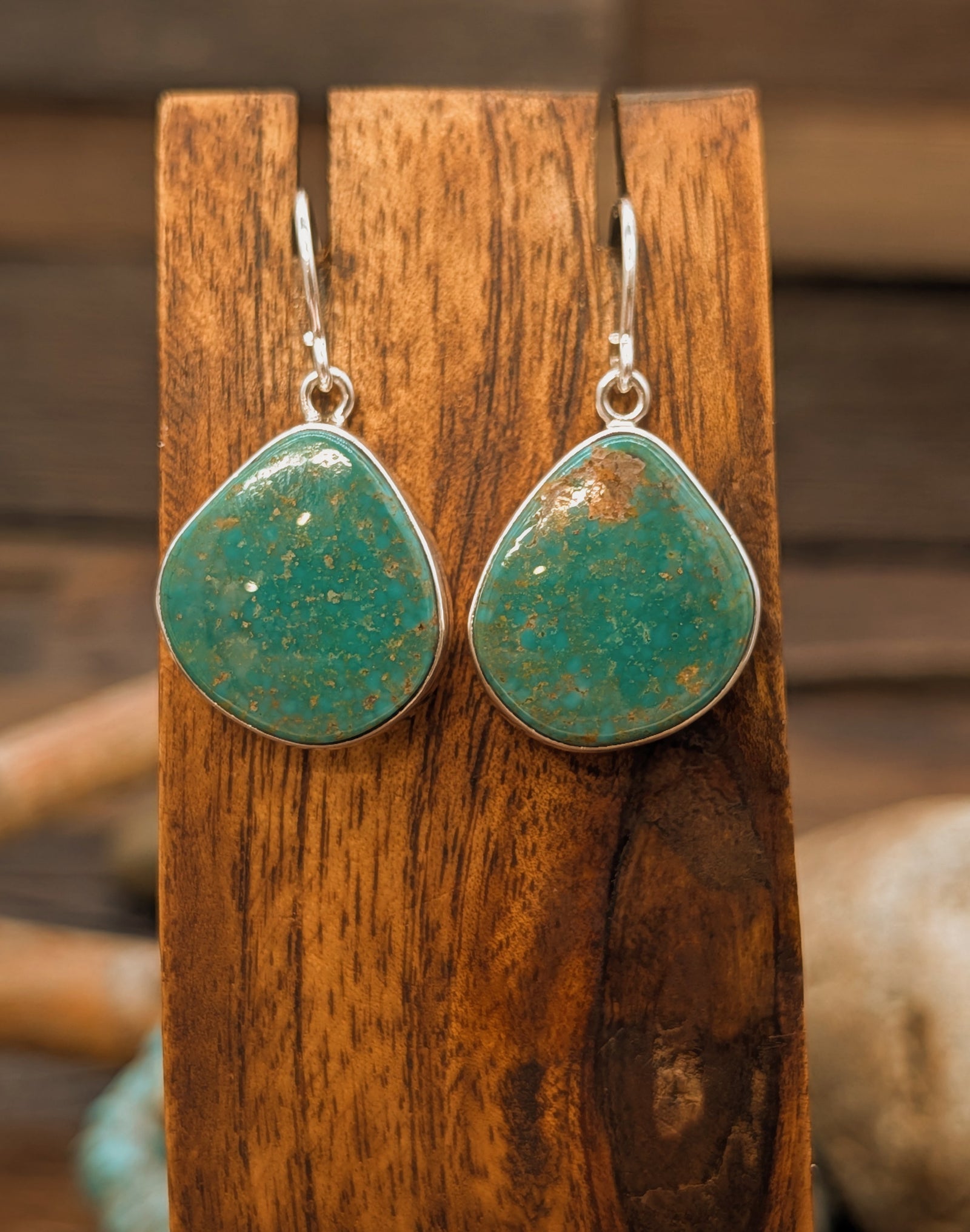Fox Turquoise Sterling Silver Baroque Hook Dangle Earrings by Shirley Henry