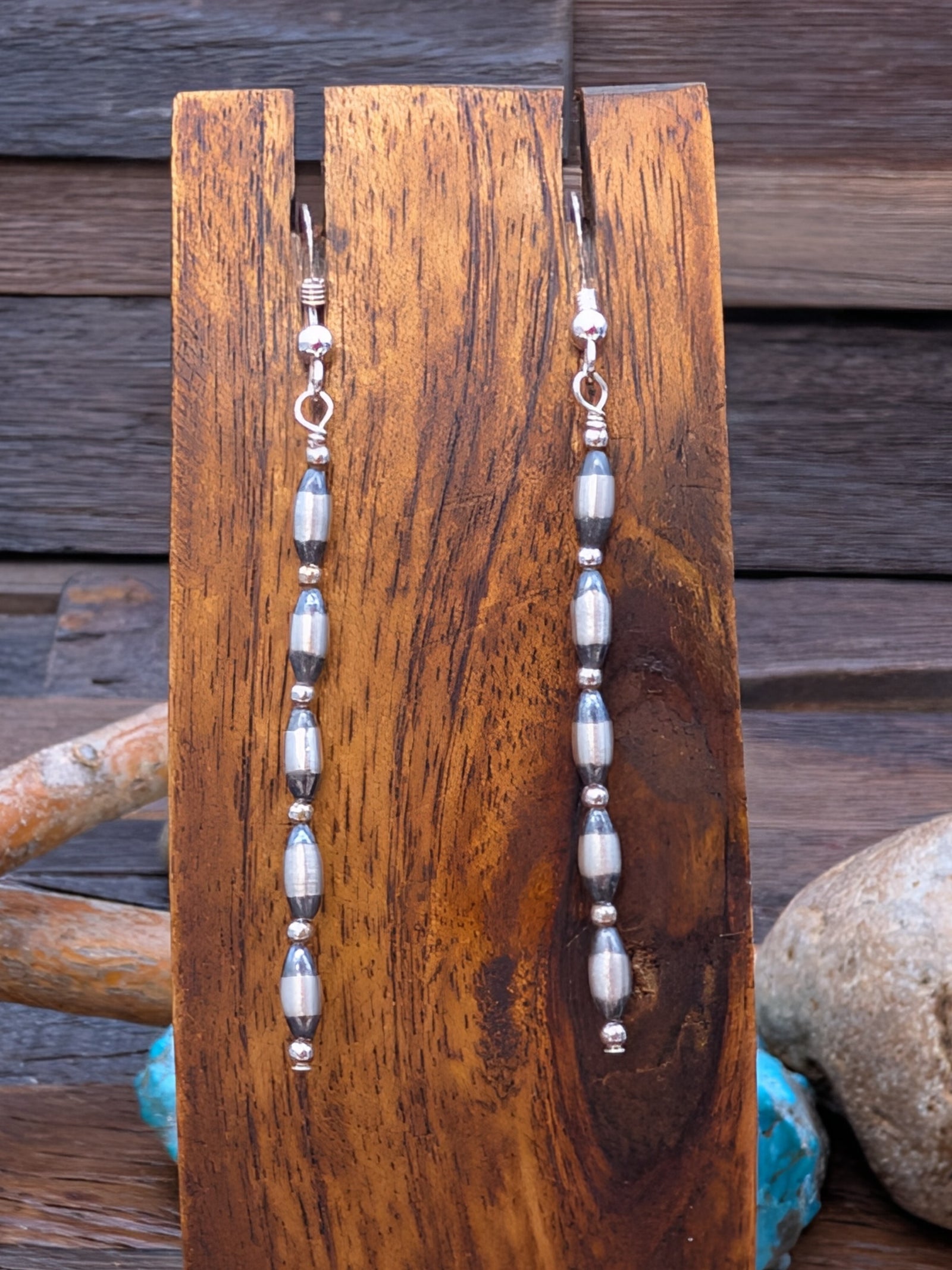 Oxidized Sterling Silver Blue Turquoise Beaded Hook Dangle Earrings