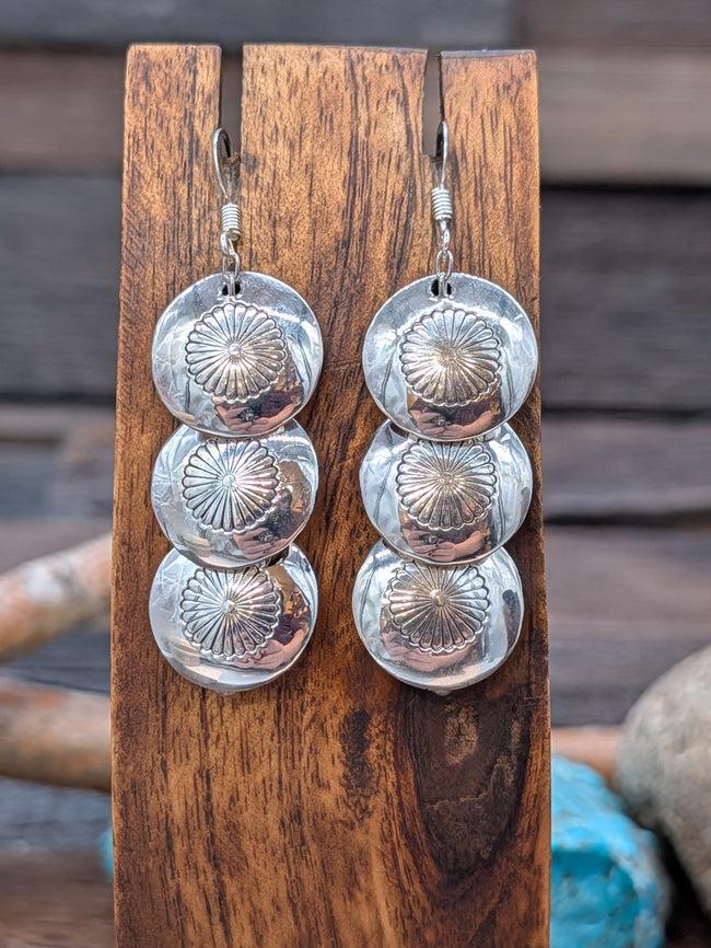 Sterling Silver High Shine 3 Stamped Pillow Bead Hook Dangle Earrings by Ina Nez
