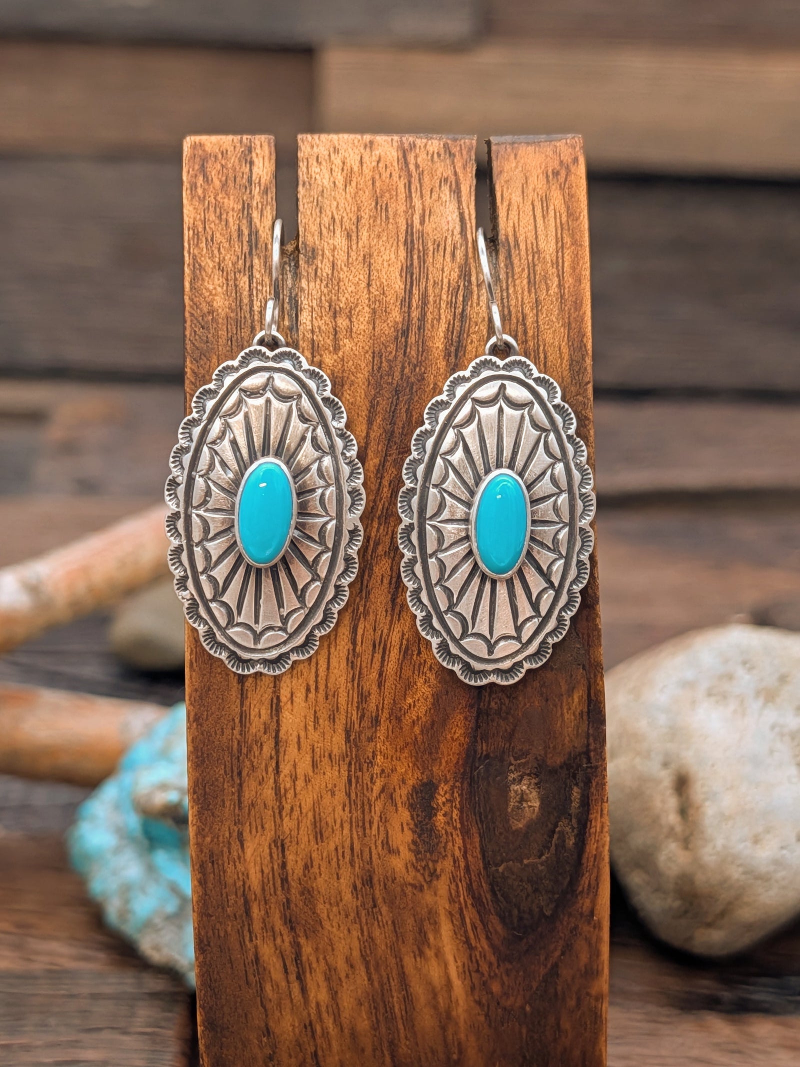 Kingman Turquoise Sterling Silver Oval Repose Hook Dangle Earrings by June Delgarito