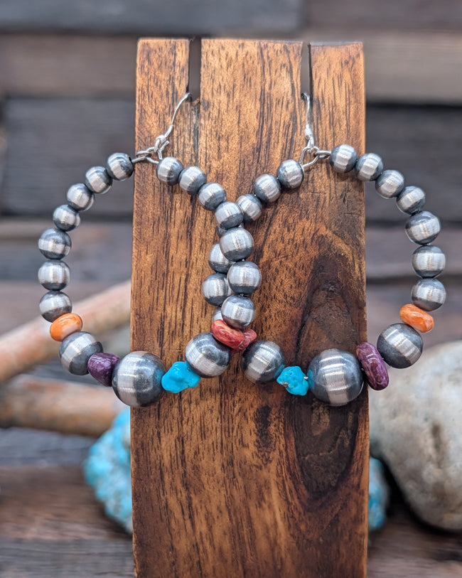 Oxidized Sterling Silver w/ Red, Orange, Purple Spiny and Turquoise Graduated Beaded Hoop Hook Dangle Earrings