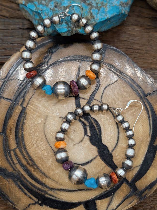 Oxidized Sterling Silver w/ Red, Orange, Purple Spiny and Turquoise Graduated Beaded Hoop Hook Dangle Earrings