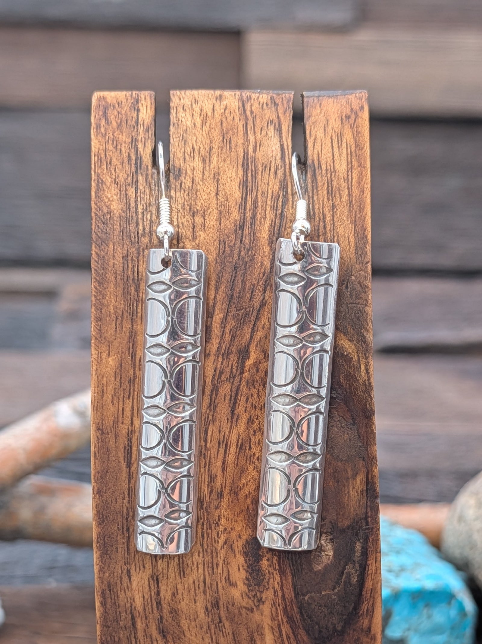 Stamped Sterling Silver Bar Hook Dangle Earrings by Nova Ashley Bubble Pattern