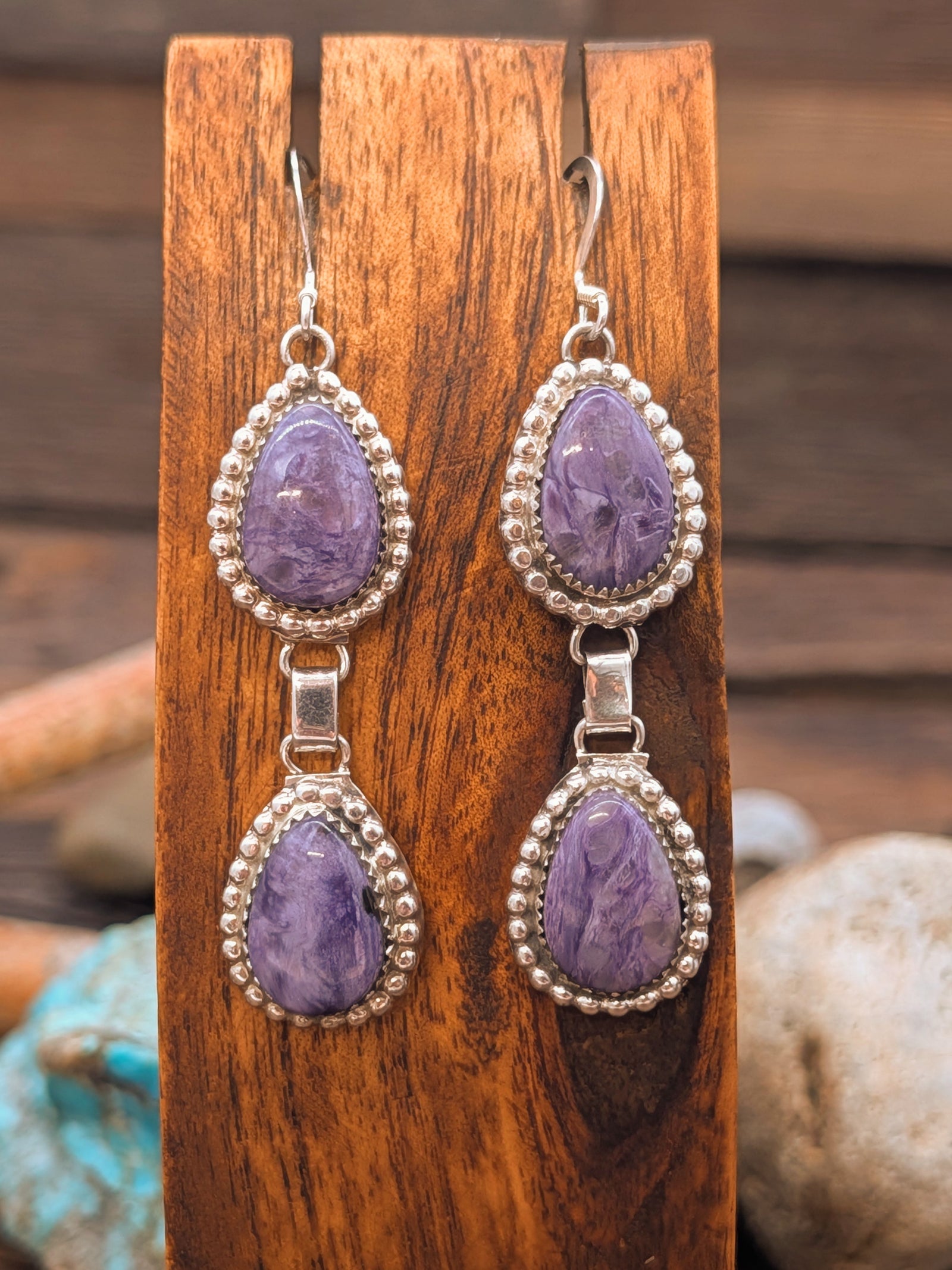 Purple Charoite Two Teardrop Sterling Silver Hook Dangle Earrings by Elouise Kee