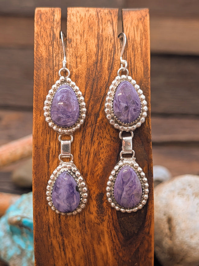 Purple Charoite Two Teardrop Sterling Silver Hook Dangle Earrings by Elouise Kee