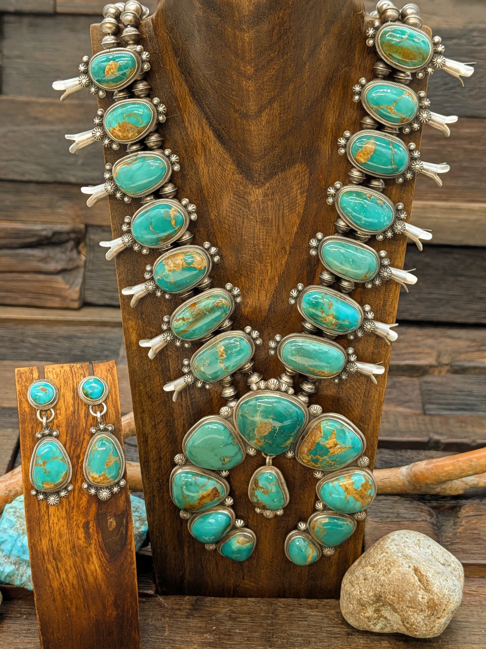 Blue Gem Squash Blossom Necklace 22in and Post Dangle Earring Set by Freddie Maloney
