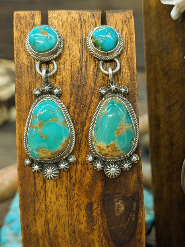 Blue Gem Squash Blossom Necklace 22in and Post Dangle Earring Set by Freddie Maloney