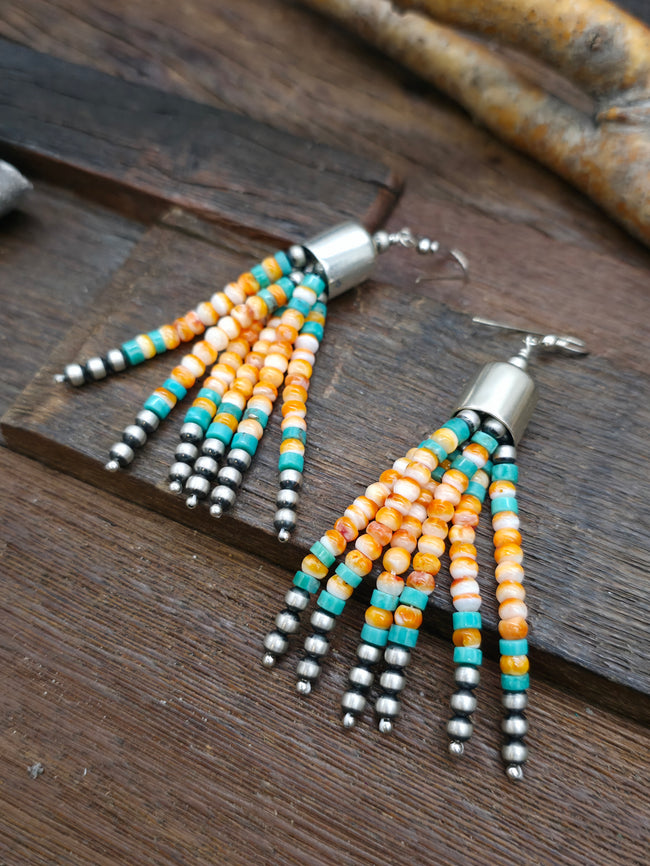 Spiny Oyster, Sterling Silver, and Turquoise Bead Tassel Earrings - 3 1/2 in. by 1/2 in.