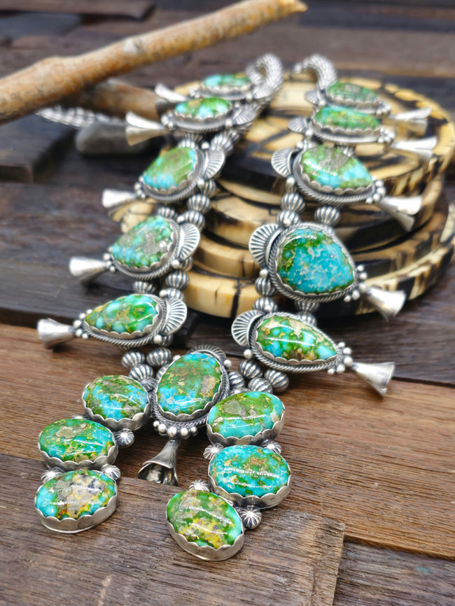 Sonoran Turquoise Sterling Silver Squash Blossom Necklace 28 in.