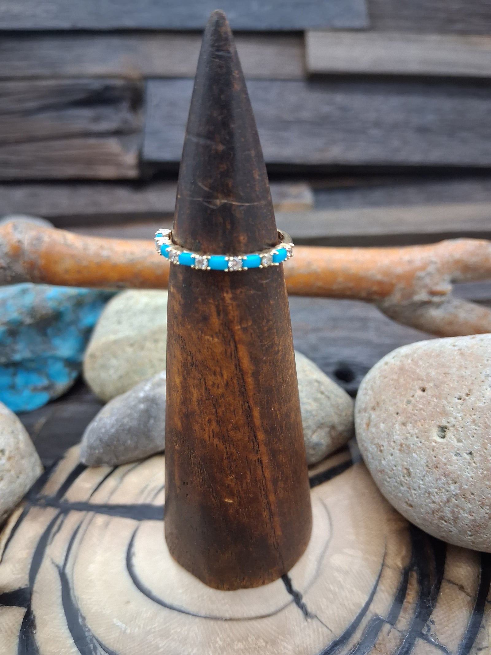 14KT Gold Sleeping Beauty Turquoise Square Diamond Band Inlay Ring Size 7