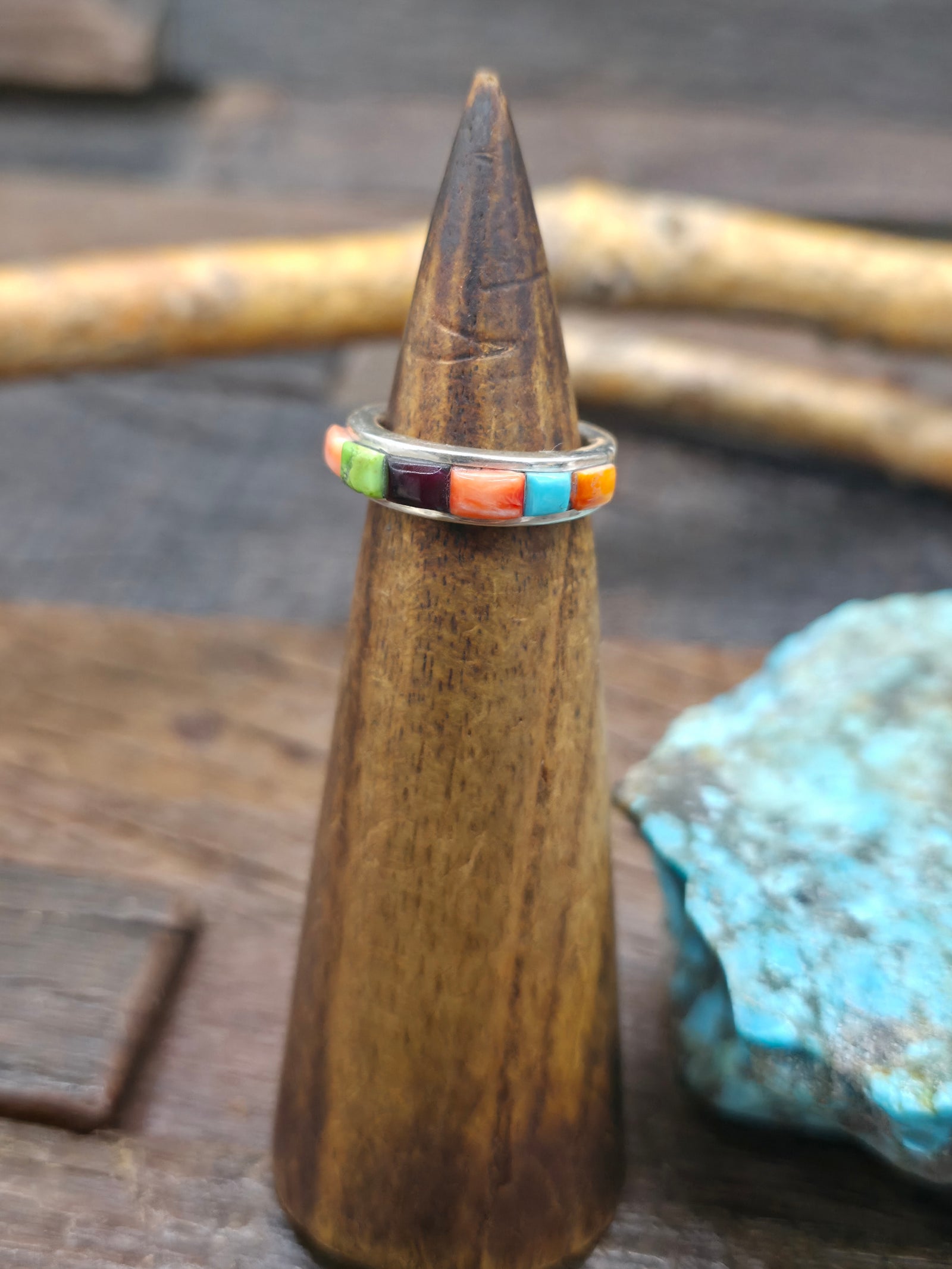 Sterling Silver Multicolor Cobblestone Inlay Ring with Turquoise, Spiny, Sugilite, and Gaspeite by Albert Topaha - Size 6