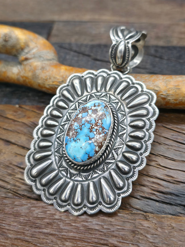 Large Stamped Sterling Silver Golden Hill Turquoise Pendant by T.O. White