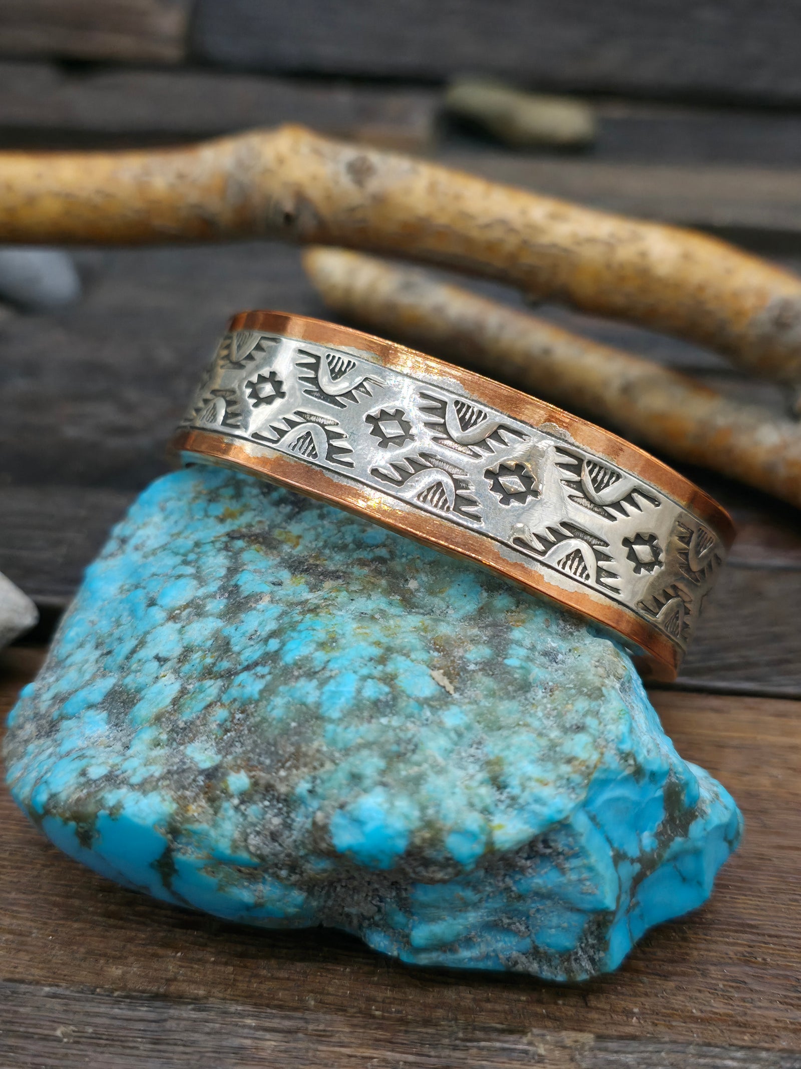 Copper and Stamped Sterling Silver Cuff by Wylie Secatero - 6 1/2 in. w/Gap